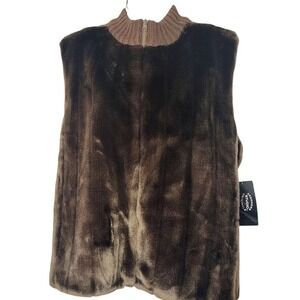 chocolate Brown Vegan Fur Knit‎ Vest Plus Size 2X Zip Front vtg  layering